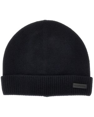 Emporio Armani Cashmere Beanie Hat With Leather Logo Patch - Black