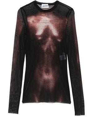 Jean Paul Gaultier Mesh Crew Neck Top With Long Sleeves Printed Body Dust - Black
