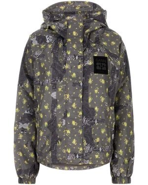 Ganni Printed Flyweight Nylon Hooded Jacket Printed - Gray