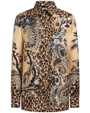 Etro Silk Shirt With Placed Leopard Print - Natural