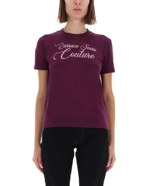 Versace Jeans Couture Tshirt With Logo And Rhinestones - Purple
