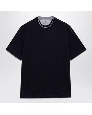 Brunello Cucinelli Crew-Neck Cotton Jersey T-Shirt With Faux Layering, Cobalt - Black