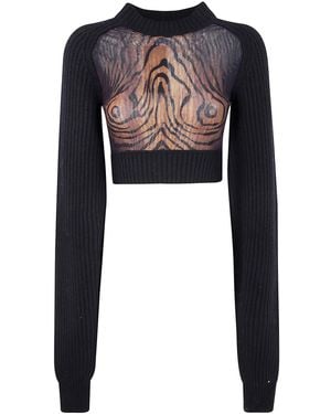 Jean Paul Gaultier Lambswool Ribbed Long Sleeves Cropped Sweater With Printed Mesh Cut Out Details - Black