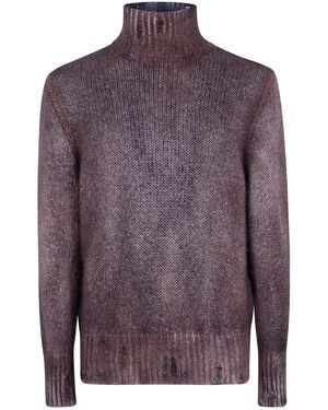 Avant Toi Hand Painted Cashmere And Silk High Neck Pullover With Destroyed Edges - Purple