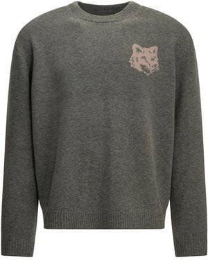 Maison Kitsuné Maison Kitsuné "Fox Head" Crew-Neck Sweater - Gray