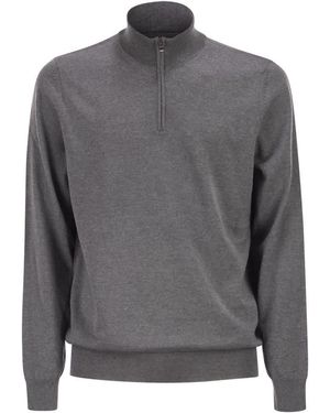 BOSS Virgin Wool Sweater With Zip Collar - Gray