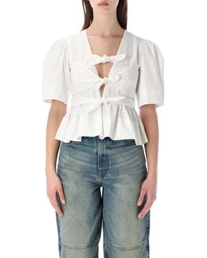 Ganni Washed Cotton Tie-Front Blouse - White