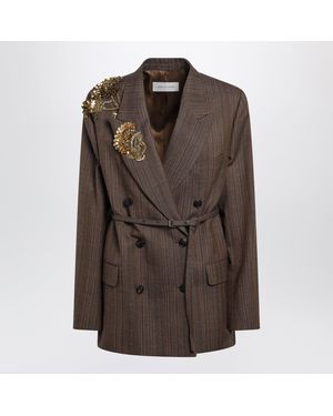 Dries Van Noten Pinstripe Jacket With Sequin Embroidery - Brown