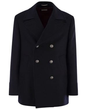 Brunello Cucinelli Double Wool Flannel Pea Coat With Metal Buttons - Blue