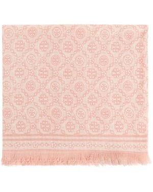 Tory Burch Monogram Wool And Silk Scarf - Pink