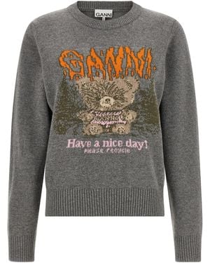 Ganni Sweater With Front Intarsia - Gray