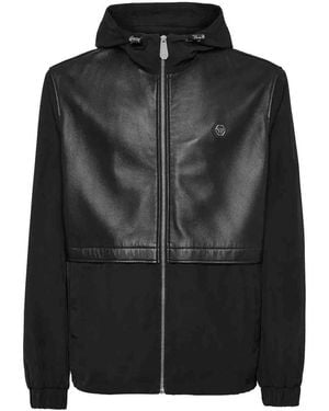 Philipp Plein Leather Long Sleeve Hooded Jacket - Black