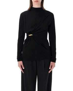 Bottega Veneta Long-Sleeve Draped High-Neck Top With Waist Detail - Black