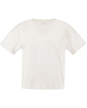 Majestic Stretch Linen T-Shirt With V-Neck - White