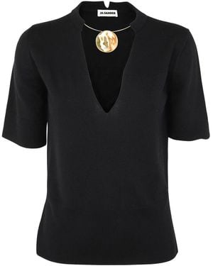 Jil Sander Crew Neck Short Sleeve Knit With Integrated Jewel Necklace - Black