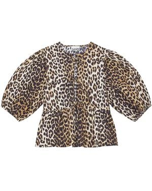 Ganni Leopard Peplum Tie Blouse - White