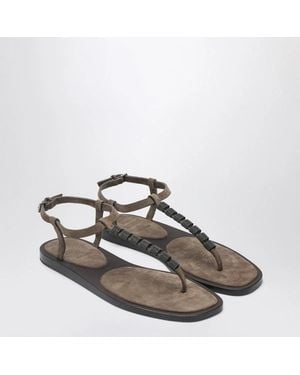 Brunello Cucinelli Suede Thong Sandals With Precious Straps - Metallic