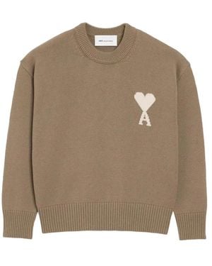 Ami Paris Taupe Ecru Wool Crewneck Sweater - Natural