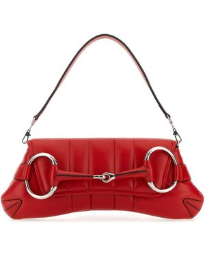 Gucci Leather Medium Horsebit Chain Clutch - Red