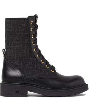 Fendi Ff Motif Leather And Stretch Fabric Boots With 35 Cm Heel - Black