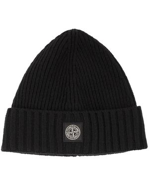 Stone Island Rib-Knit Wool Blend Beanie With Compass Logo - Black