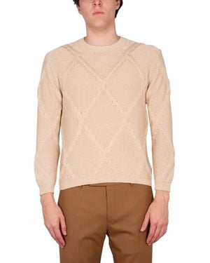 Ballantyne Cotton Cable Stitch Crew Neck Jumper - Natural