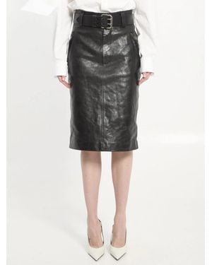 Saint Laurent Crinkled Calfskin Belted Pencil Skirt - Black