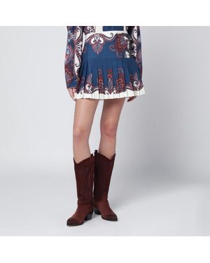 FARM Rio Deep And Sand Pleated Mini Skirt With Arabesque Print - Blue