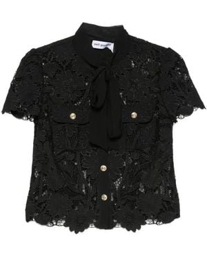Self-Portrait Lace Tie Neck Top - Black