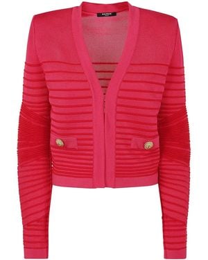 Balmain Lon Sleeves Side To Side Flechage Knit Cardigan - Red