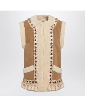 Valentino Camel Shearling And Suede Vest - Natural