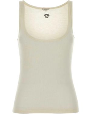 Versace Tank Top Rib With Medusa Embroidery - Natural
