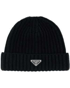 Prada Wool Knit Cap With Logo - Black