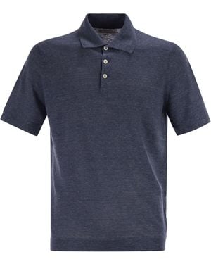 Brunello Cucinelli Linen And Cotton Knit Polo Shirt - Blue