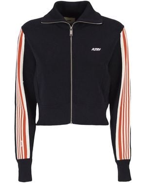 Autry Viscose Sweatshirt With Zip And Side Stripes - Black