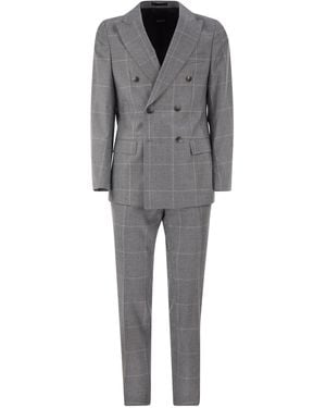 BOSS Virgin Wool Double-Breasted Suit With Check Pattern - Gray