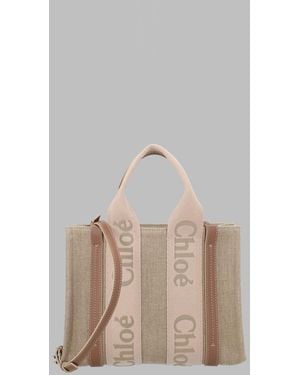 Chloé Tote Bag Woody Linen Canvas And Leather Hand - Natural