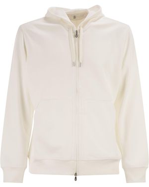 Brunello Cucinelli Cotton Fleece Topwear With Zip And Hood - White