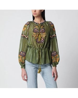 Valentino Embroidered Lurex Silk Shirt Camou - Green
