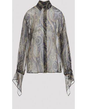 Etro Lurex Pinstriped Paisley Silk Shirt - Grey