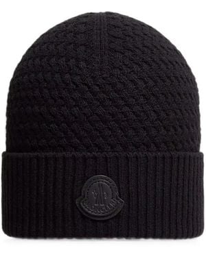Moncler Logo-Patch Cable-Knit Beanie Hat - Blue