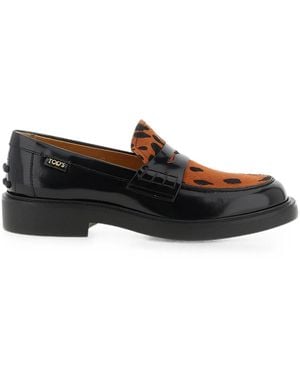 Tod's Leather Loafers With Animal-Print Panel - Black