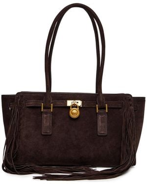 Michael Kors Hamilton Moderne Small Suede Logo Satchel With Fringes - Black
