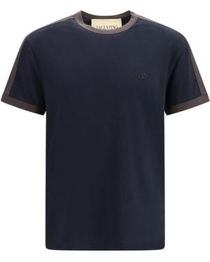 Valentino Cotton T-Shirt With Crew Neck, Contrasting Side Bands And Vlogo Embroidery - Blue