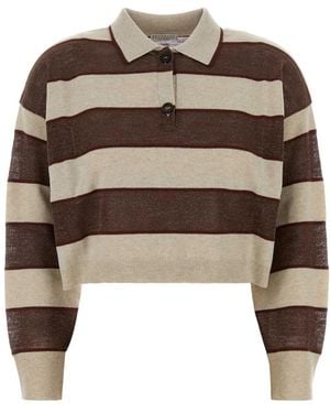 Brunello Cucinelli Embroidered Wool Blend Polo Shirt - Brown