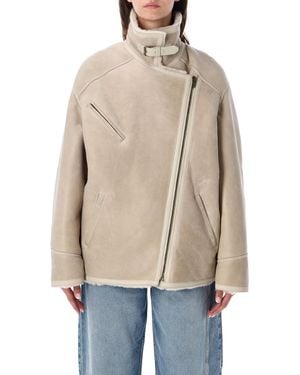 Isabel Marant Adelina Shearling Jacket With Asymmetric Zip & High Buckled Collar - Natural