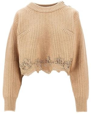 Chloé Wool And Cashmere Cropped Jumper With Lace - Natural