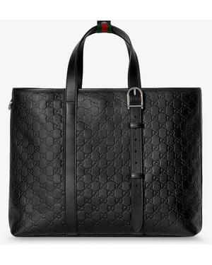 Gucci Gg Emblem Leather Shopping Bag With Embossed Gg Motif - Black
