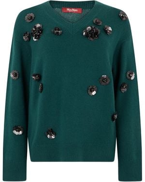Max Mara Wool Jumper Mixed With Cashmere With Floral Applications - Green