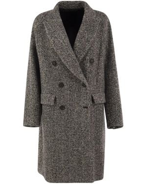 Brunello Cucinelli Double-Breasted Herringbone Wool Coat With Sequins - Gray